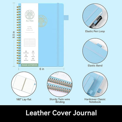 Alltree Lined Journal Notebook, Spiral Notebook for Work, Hardcover Spiral Notebook with Tabs, Pen Loop, Pocket, Stickers, 160 Pages, Journal for Women & Men, Sky Blue(6"x8.5")
