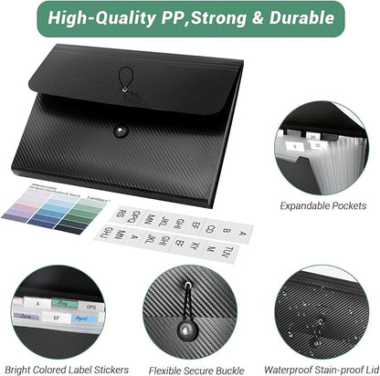 2 PCS Expanding File Folder A4,13 Pockets File Organiser with Colored Tags, Paperwork A4 Plastic Wallet Document Storage Expander for School,Office and Home, Black