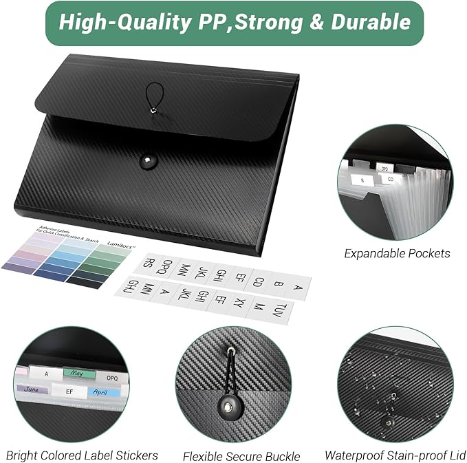 Expanding File Folder A4,13 Pockets File Organiser with Colored Tags, Paperwork A4 Plastic Wallet Document Storage Expander for School,Office and Home, Black