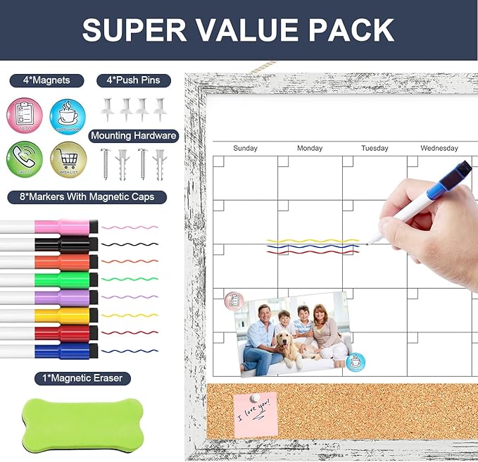 Dry Erase Calendar for Wall, 17"x13" Whiteboard Calendar Cork Board Combo, Magnetic White Board Monthly Calender with Wood Framed, Hanging Dry Erase Board for Office Kitchen Home Planner Memo