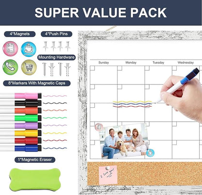 Dry Erase Calendar for Wall, 17"x13" Whiteboard Calendar Cork Board Combo, Magnetic White Board Monthly Calendar with Wood Framed, Hanging Dry Erase Board for Office Kitchen Home Planner Memo