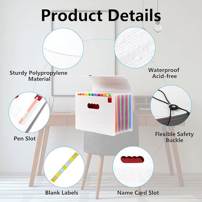 Sooez Accordion File Organizer, 12 Pockets Expanding File Folder, Portable Monthly Paper Bill Tax Receipt Organizer, Letter A4 Size Document Holder with Blank Labels, White