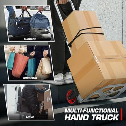 DNA MOTORING Folding Hand Truck, 176lbs Capacity Foldable Dolly Cart for Moving Heavy Loads, Collapsible Hand Truck, w/Telescopic Handle, Bungee Cord, Red, TOOLS-00744