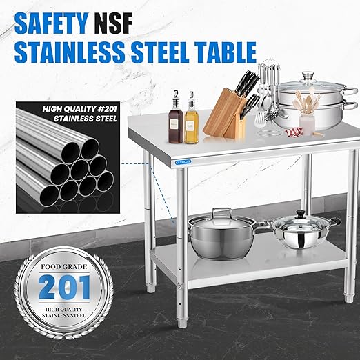 Stainless Steel Table for Prep & Work with Backsplash 24 x 36 Inches NSF Metal Commercial Kitchen Adjustable Under Shelf Worktable for Restaurant Home Outdoor