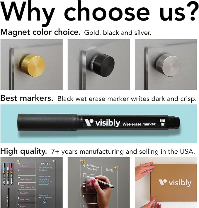 Magnetic Acrylic Weekly Calendar for Fridge, Weekly Meal Planner with Notes, Includes 4 Magnetic Wet-Erase Markers for Refrigerator, 9" X 12" | Silver Hardware