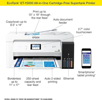 Epson EcoTank ET-15000 Wireless Color All-in-One Supertank Printer with Scanner & 522 EcoTank Ink Ultra-high Capacity Bottle Yellow (T522420-S) Works with EcoTank ET-2720