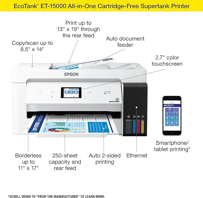 Epson EcoTank ET-15000 Wireless Color All-in-One Supertank Printer with Scanner & 522 EcoTank Ink Ultra-high Capacity Bottle Color Combo Pack (T522520-S) Works with EcoTank ET-2720