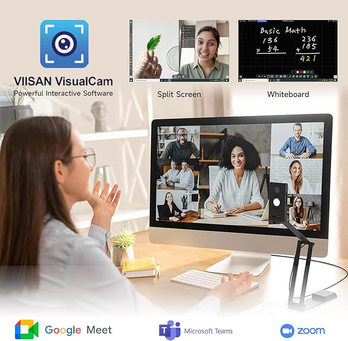 VIISAN VS13AI USB Document Camera with AI-Noise Reduction Mic, 13MP 4K Ultra HD A3-Size Capture, Dual-Mode Autofocus, LED Light, Foldable for Web Conferencing, Live Demo, Compatible macOS & Windows