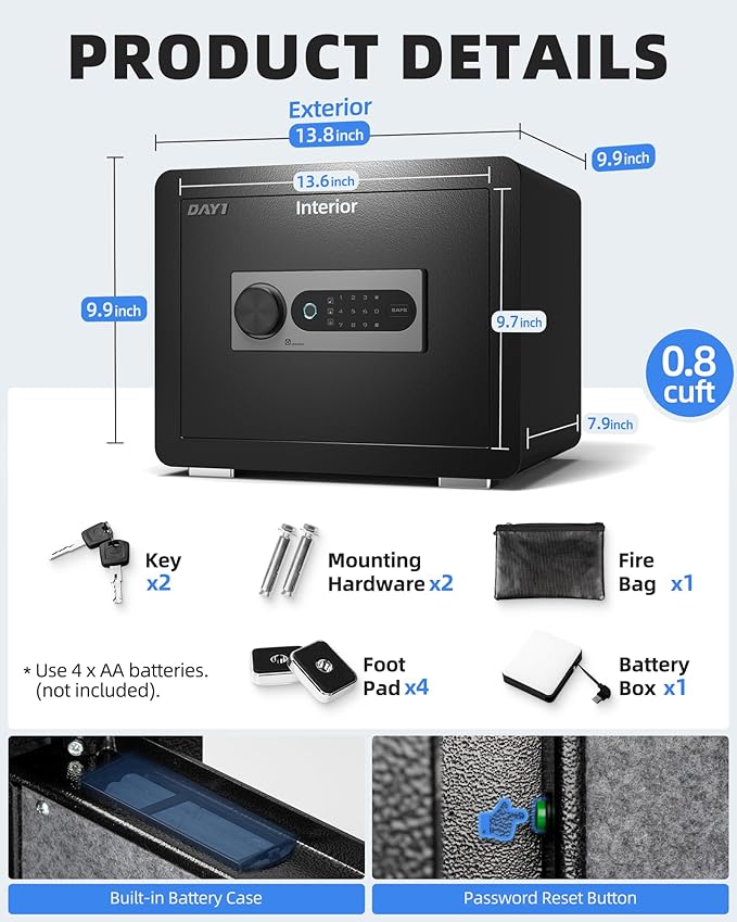 DAYI Biometric Fingerprint Safe Box, 0.8 Cubic Feet Home Safes with Fireproof Bag, Digital Touchpad Security Safe for Money Cash Documents, Dual Alarm System - DF-25 Plus
