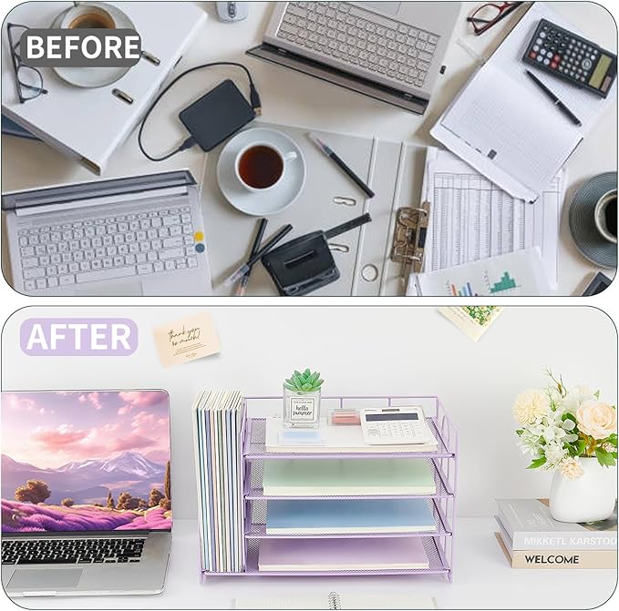 OPNCIE Desk Organizers and Accessories, 4 Tier Paper Letter Tray File Organizer, Office Organization Storage Desk Accessories Workspace Desktop Organizer for Classroom Office Supplies Decor, Purple