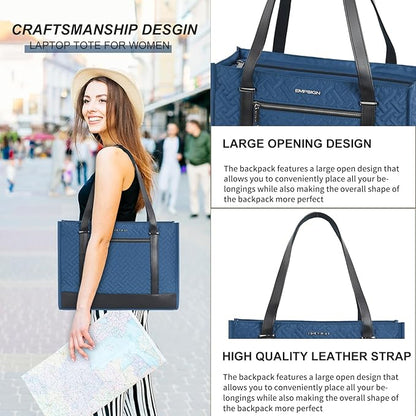 EMPSIGN Laptop Tote bag for women 16 Inch, Stylish Computer Shoulder Tote Bag for Work, Large Capacity Quilted Laptop Briefcase, Waterproof Women Business Office Bag, Quilted Haze Blue