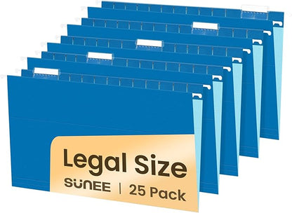 SUNEE Hanging File Folders Legal Size, Blue File Folders 25 Pack 1/5-Cut Tabs, Stay Organized for Your Home and Office Bulk File and Documents