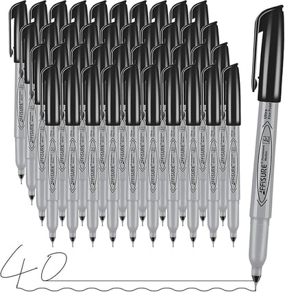Permanent Markers, Ultra Fine Point, Black, 40 Count, 0.4mm, Fine tip permanent marker set, quick dry, waterproof, fading resists, durable, marks on paper, glass, ceramic, plastic, wood, rock, metal