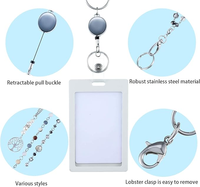 Hicarer 3 Pcs ID Badge Lanyard Necklace with ID Holder Clip Stainless Steel Beaded Chain Retractable Badge Reel Valentine (Chic Style)