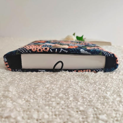 Floral Embroidered Canvas Book Sleeve - Elegant Book Cover, Padded Protector for Paperbacks & Hardcovers, Ideal for Book Lovers, Wooden Button (Meadow, Blue, Large)