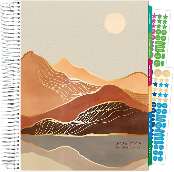 Aug 2024-Jul 2025 Deluxe Teacher Planner Notebook 8.5x11 Daily Weekly Monthly Organizers with 7 Periods, Pocket Folder, Dated Calendar, Page Tabs, Bookmark and Planning Stickers (Golden Desert)