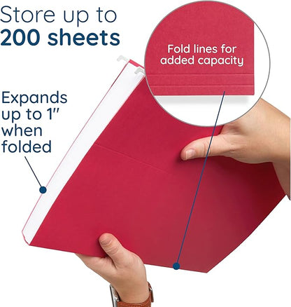 25 Blue Summit Supplies Legal Size Hanging File Folders - Red Hanging File Folders with Plastic Tabs and Inserts, Durable 11pt Paper, 25 Pack