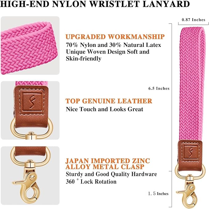 Fishent Stretchy Wristlet Keychain,Braided Cute Wrist Lanyards for Keys, Key Chain Holder for Women Men, Wrist Strap Keychain for Car Keys Phone Camera Wallet ID Badges Card (Pink)