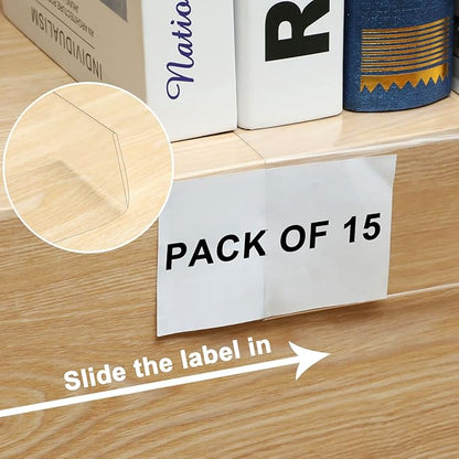 Containlol 15 Pieces Moveable Shelf Label Holders Clear Transparent Shelves Tags Index Card Pockets Library Markers Label Display Holder for Classroom Office Book(6.5 x 3.54 x 2.36 Inch)