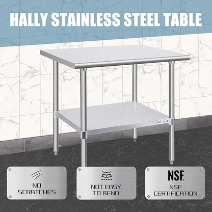 Hally Stainless Steel Table for Prep & Work 30 x 36 Inches, NSF Commercial Heavy Duty Table with Undershelf and Galvanized Legs for Restaurant, Home and Hotel