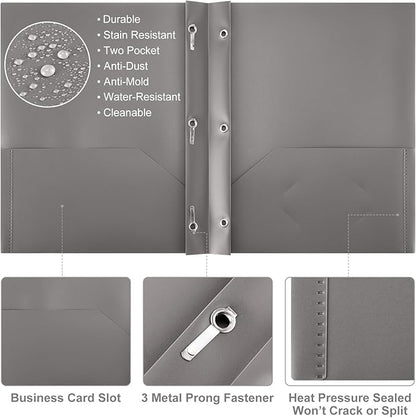 Cholemy 6 Pcs Plastic Pocket Folders with Prong 2 Heavy Duty Pockets Folders with 3 Prongs Letter Size Paper Folders Bulk File Plastic Folders with Fasteners for Office Workers (White,Black,Grey)