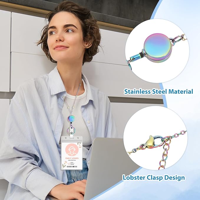 Lanyards for Id Badges 3 Pack Badge Lanyard with 6 Pcs Id Badge Holder Retractable Stainless Steel Teacher Lanyards Cruise Ship Lanyards for Girl Women (Gold, Silver, Bright Blue)