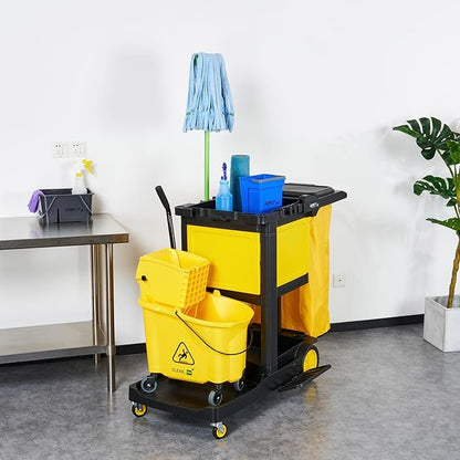 Restaurantware-Clean Tek Professional 3-Shelf Janitor Cart with Wheels, 1 Cleaning Trolley with Cover and 21 Gallon Bag - Includes 1 Single Locking Cabinet, Heavy-Duty, Gray Plastic Janitorial Cart