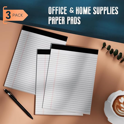 3 Pack White Legal Pads 8.5 x 11 Note Pads, Wide Ruled Notepads, Micro Perforated Lined Note Writing Pads 30 Sheets per Notepad Double-Side Printed Legal Note Pad 8.5x11'' for Home, Office, School