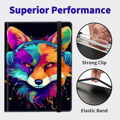 Fox Wearing Headphones Padfolio Folder with Clipboard,Portfolios Organizer Clipboards with Storage Clipboard Writing Pad PU Leather Conference Document Organizer with Business Card Holder