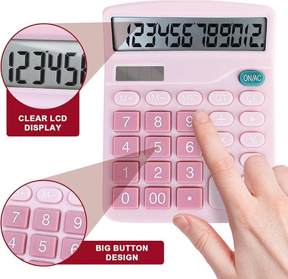 Basic Calculator with Comfortable Large LCD Display, 12 Digits Calculators Desktop, Tilt Screen, Big Button, Desk Calculator with Dual Power (Solar & Battery Included) (Pink)