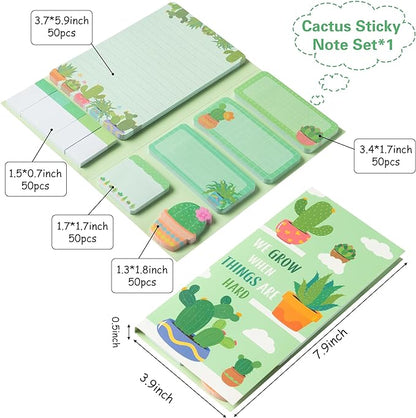 We Grow When Things are Hard Sticky Notes Set, 550 Sheets, Cute Cactus Shaped Self-Stick Notes Pads Plant Divider Tabs Bundle Writing Memo Pads Back to School Office Supplies Small Gift
