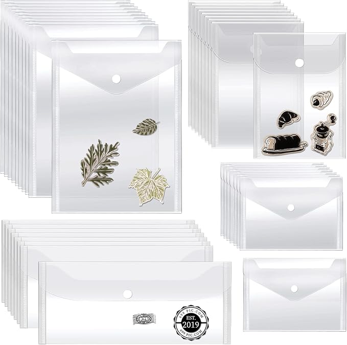 Vmiapxo 40 Pack Stamp and Die Storage Pockets, Reusable Small Plastic Envelopes Waterproof Sticker Organizer Receipt Holder Photo Storage Folders (Mixed Size)