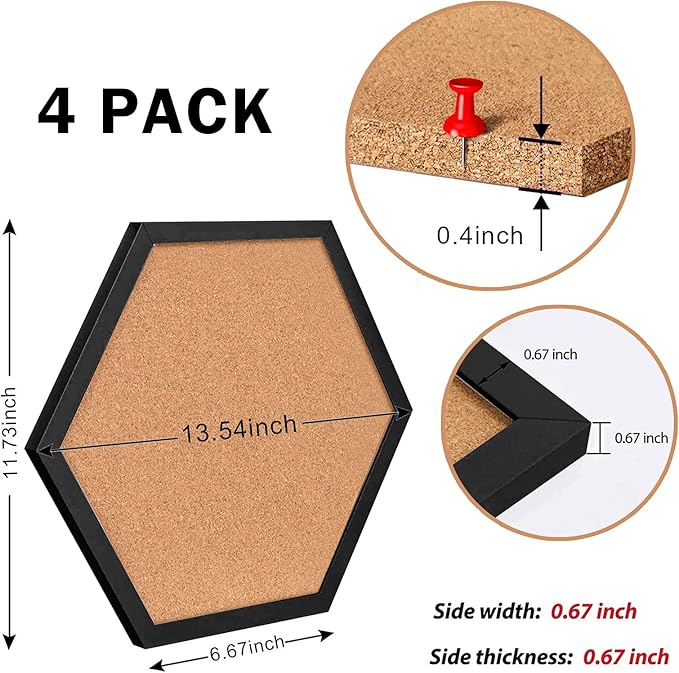 Cork Bulletin Board Hexagon Black, Small Framed Corkboard Tiles for Wall, Thick Decorative Display Boards for Home Office Decor, School Message Board with 16 Push Pin Wood Clips (4 Pack)