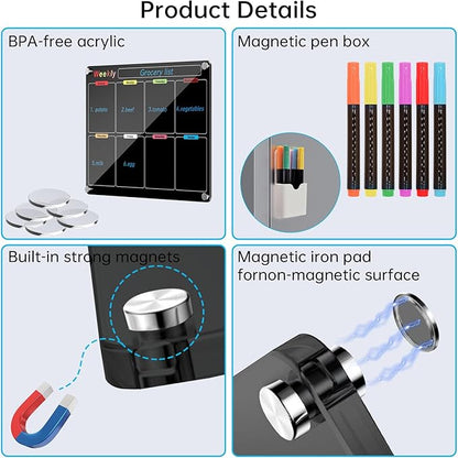 Fridge Calendar Meal Planning Board, Dry Erase Acrylic Magnetic Monthly Weekly Calendar Planner for Refrigerator with 6 Colors Markers (Black-Weekly+Monthly(15.7x11.8))