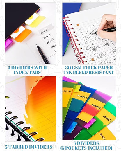 5 Subject Notebook - Spiral Notebook, College Ruled Notebook With Dividers Pocket, Tabs, 11" Ruler, 300 Pages, for Writing Journal, Home & Office, School Supplies,8.5''x11'' Lily White 150Sheets