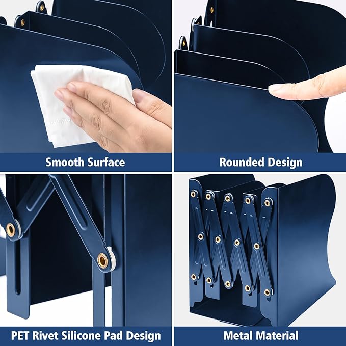 2PCS Adjustable Bookends, Metal Book Ends for Heavy Book, 2 Dividers, Nonslip Book Stander for Desk, Shelf, Office, Stationery Gift, Extends up to 19 inches (Blue)