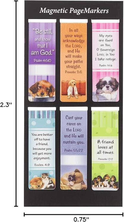 Christian Art Gifts Magnetic Scripture Bookmark Set with Bible Verse: Be Still - Psalm 46:10 Inspirational Puppy-Themed Magnetic Bible Verse Pagemarker Set of 6 for Bibles and Books, Size 2.3" x 0.8"