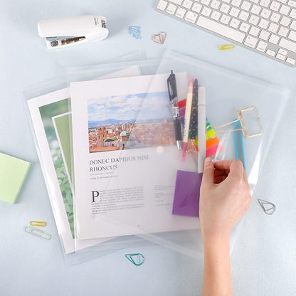 EOOUT 50pcs Plastic Envelopes with Button Snap Closure, Clear Plastic Poly Envelope, Folders for Documents, Waterproof Plastic File Folder, Letter Size, A4 Size, for School and Office Supplies