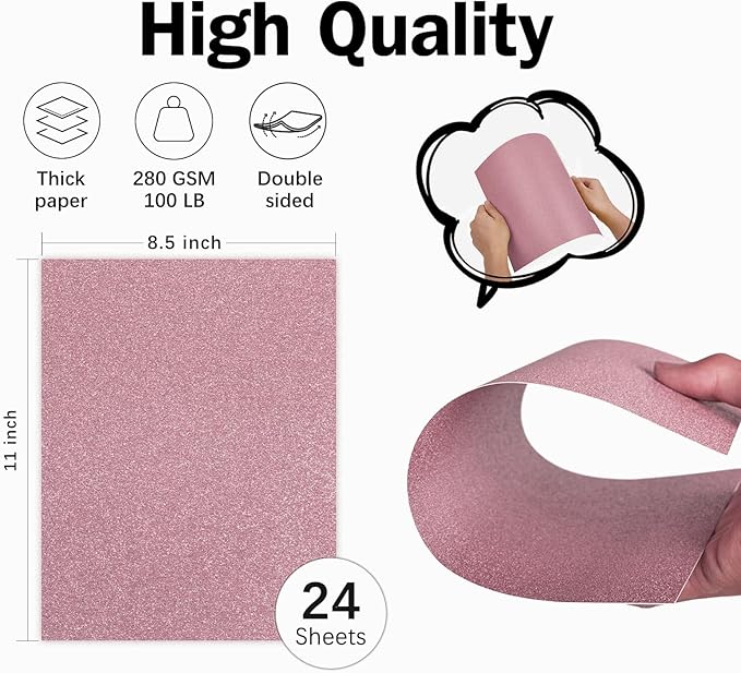 Pink Glitter Cardstock 8.5x11 Double-Sided 24 Sheets, Goefun No-Shed Glitter Paper 280GSM/100lb Pink Card Stock for Valentine Cards, Gift Wrapping, Birthday, Anniversary, Greetings