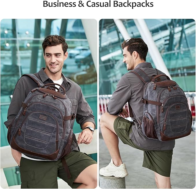 Travel Laptop Backpack 17.3 inch XL Computer Backpack for Men Waxed Canvas College Daypack Business Backpack Black Gray