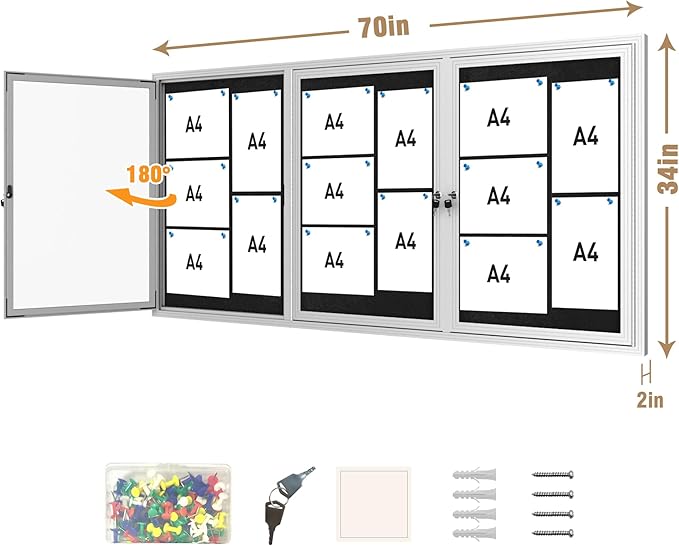 70"x34" Enclosed Bulletin Board, Outdoor Lockable Weather-Resistant Aluminum Cork Noticeboard for School & Office, Silver Frame w/Black Flet