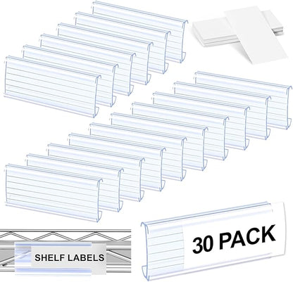 30 Pcs Label Holder Shelf Labels, Wire Shelf Label Holder with Label Paper Inserts, Shelf Labels for Wire Shelving, Metro Shelving Clips Plastic Label Holder Compatible with 1-1/4in Shelves
