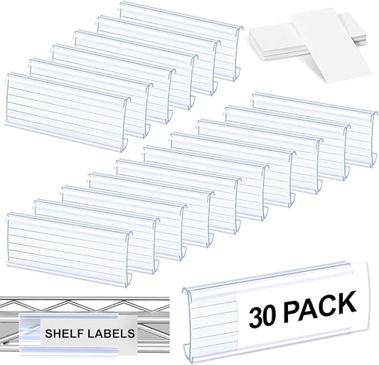 30 Pcs Label Holder Shelf Labels, Wire Shelf Label Holder with Label Paper Inserts, Shelf Labels for Wire Shelving, Metro Shelving Clips Plastic Label Holder Compatible with 1-1/4in Shelves