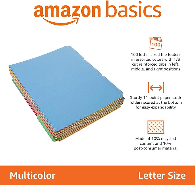 Amazon Basics AMZ401 File Folders - Letter Size (100 Pack) – Assorted Colors
