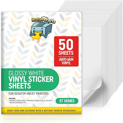 Printable Vinyl - Sticker Paper for Inkjet Printer for Epson (50 Sheets, 8.5" x 11", Anti Jam) - Glossy Printable Sticker Paper - Inkjet Printable Waterproof Sticker Paper - Make Labels and Decal