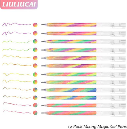 12 Pack Mixing of 3 Colors Rainbow Gel Pens Color Changing Ballpoint Pen Glitter Pen Set for Adults Coloring Books Drawing Doodling Scrapbooking Notes