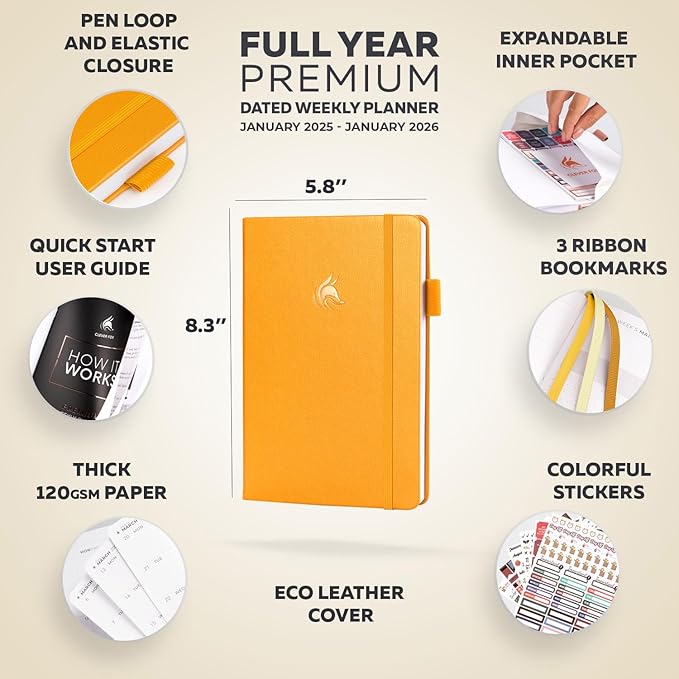 Clever Fox Dated Planner Premium Edition – 2025-2026 Weekly Planner for Planning, Goal Setting & Time Management – Planner Notebook with Habit Tracker & to-do List – A5 Size (Amber Yellow)