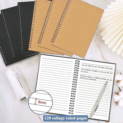 GINMLYDA 6Pack Small Spiral Notebook A5, 8.25x5.5” 120 Lined Pages Wide Ruled Spiral Journal Bulk Blank Kraft Cover Spiral Bound Notebook & Writing Pads for Home Office Meeting Work Note Taking
