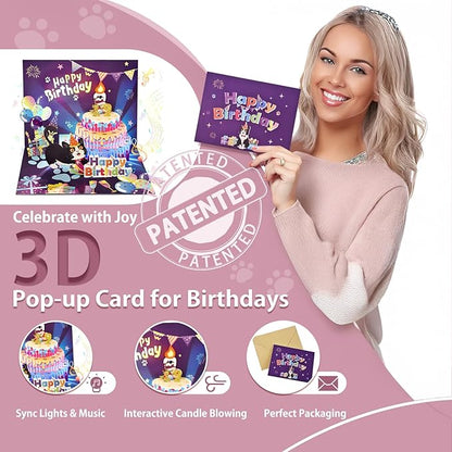 OBSEDE 3D Musical Pop Up Cat Birthday Cards for Women Men Light Blowable LED Candle Happy Funny Cake Colorful Greeting Cute Singing Gifts for Mom Dad Wife Husband Daughter Son Lovers with DIY Numbers