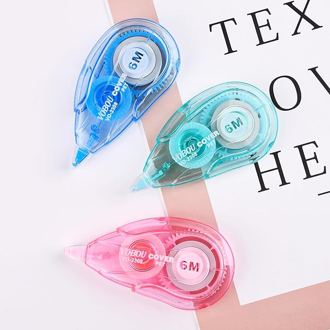 White Correction Tape, Easy To Use Applicator for Instant Corrections, For school, Office (Blue,Green,Pink, 12pack, 6M/256" x 0.2")